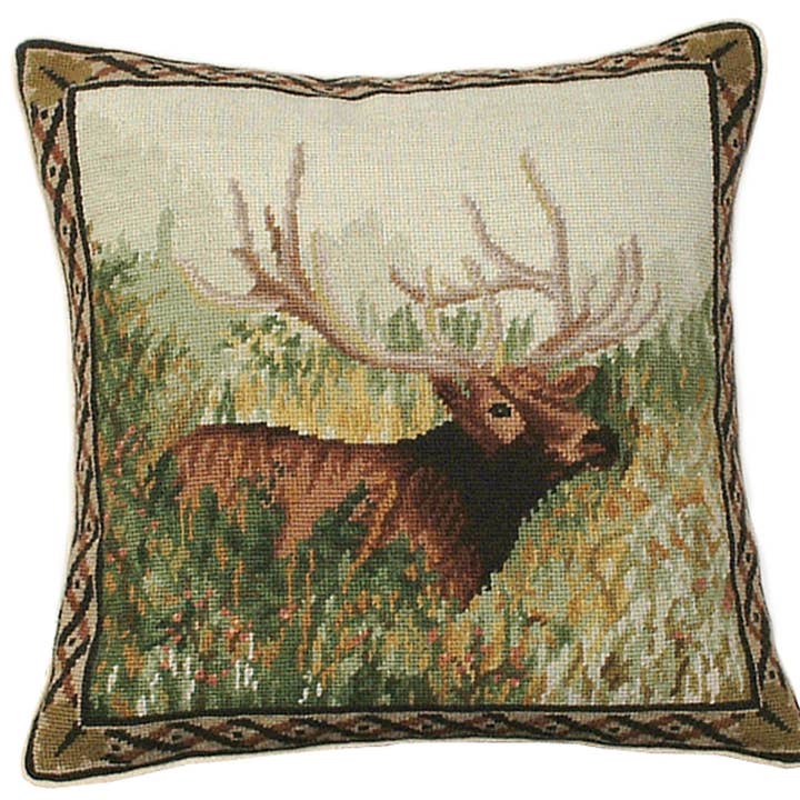 Elk In Woods Needlepoint Pillow 18" X 18" for wholesale by Michaelian Home/India Overseas Traders, Inc.