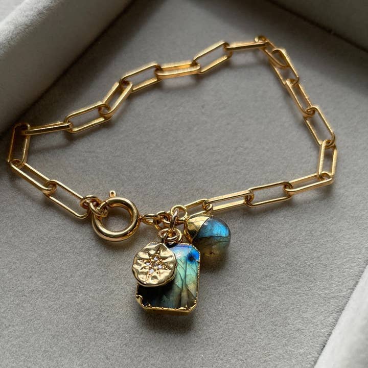 Labradorite Gem Slice Triple Chunky Chain Bracelet | Adventure (Gold Plated or Silver) for wholesale by Decadorn