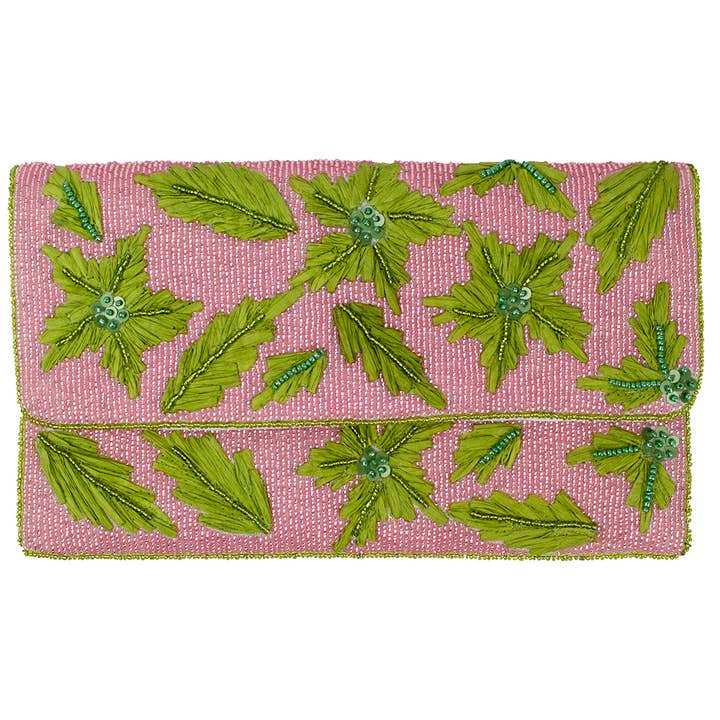 PINK WITH GREEN LEAFS BEADED CLUTCH for wholesale by Pizzazz, Inc.