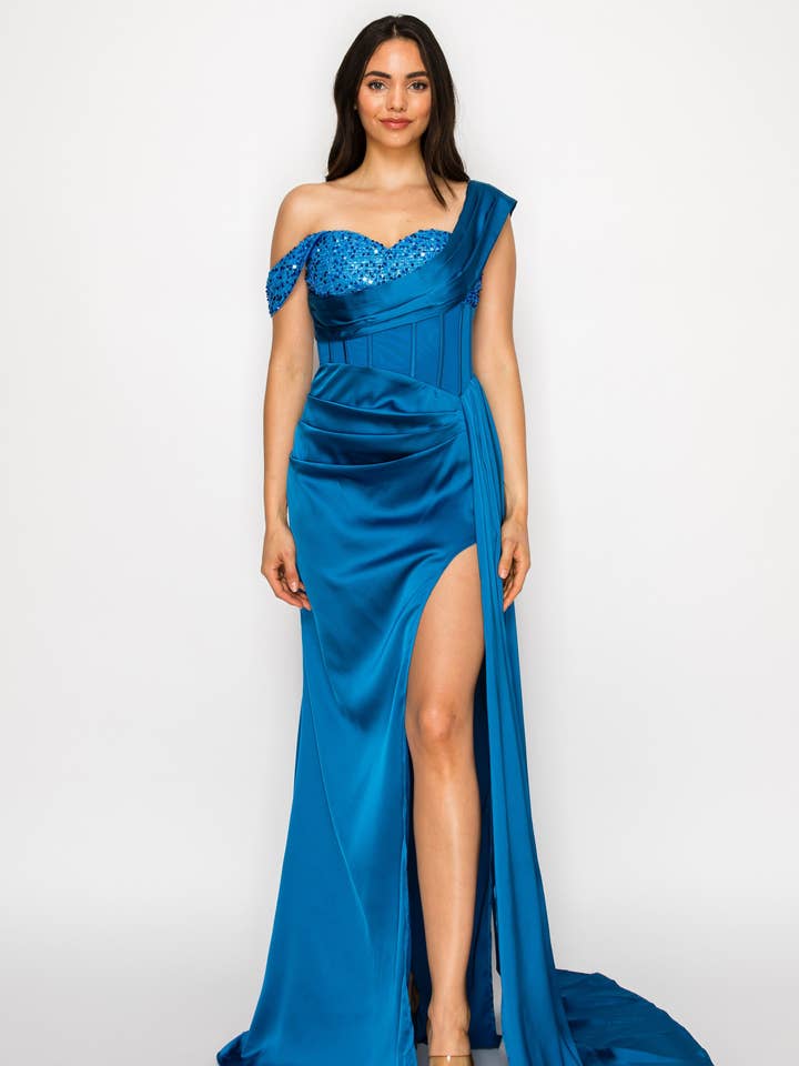 3066 - Solid Color Satin and Sequin Dress for wholesale by ILY From