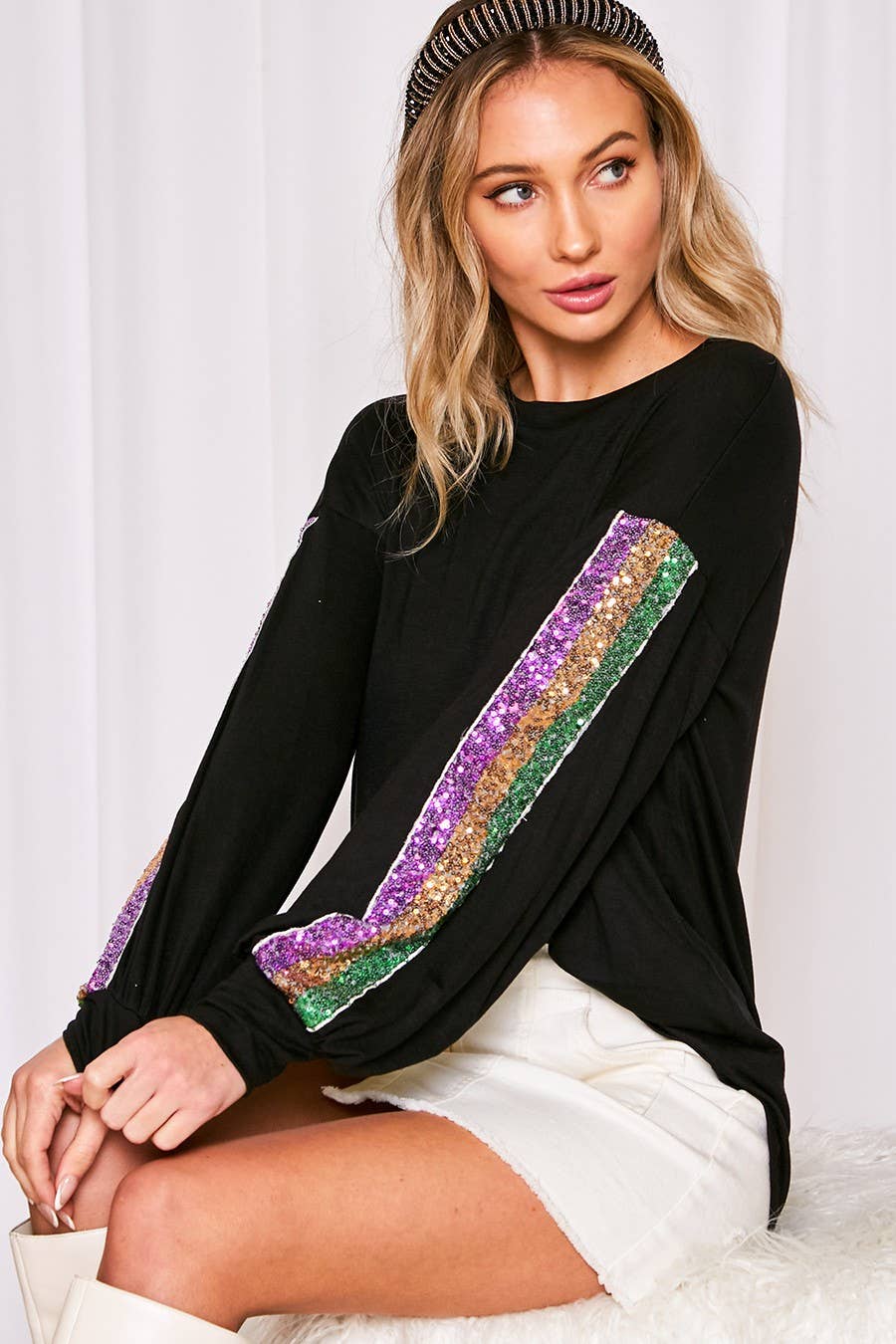Vine & Love - Wholesale Knit Top - Women's - Mardi Gras, Color block sequin trim knit top VT602318
