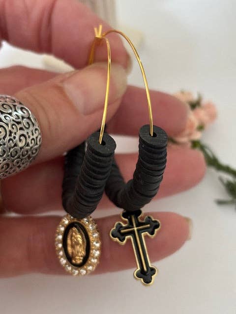 Miss DJ Angel – wholesale Hoop earrings – Ex-voto hoop earrings, asymmetrical ex-voto hoops, religious earrings, cross medal charm and Virgin medal charm3