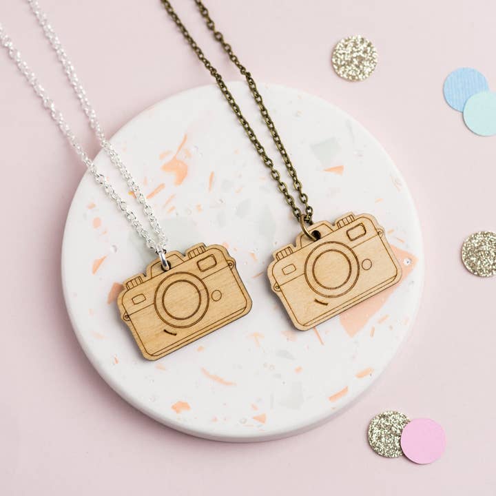Wooden Camera Necklace for wholesale by Ginger Pickle