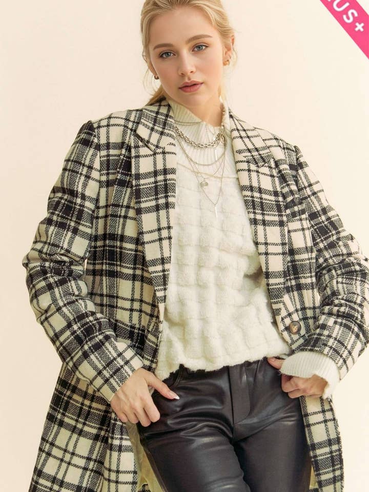 PLUS PLAID PLEATED LONG SLEEVE BLAZER COAT JACKET for wholesale by Davi & Dani