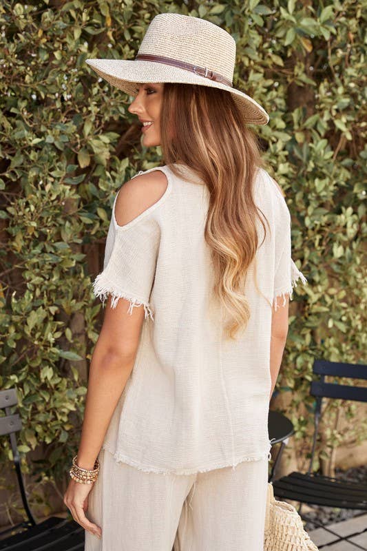 VENTI6 – Blusa - Mulher por atacado – TOP DE GAZE DE ALGODÃO E LINHO COM BAINHA FRANJADA (701400)6