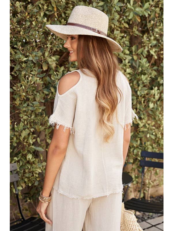 VENTI6 – Blusa - Mulher por atacado – TOP DE GAZE DE ALGODÃO E LINHO COM BAINHA FRANJADA (701400)6