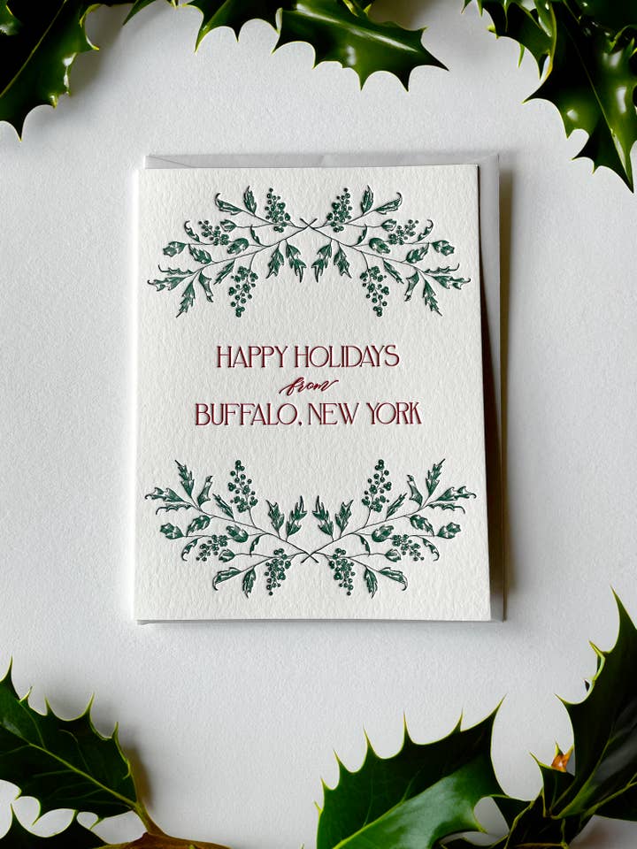 Tarjeta de felicitación Happy Holidays from Buffalo Letterpress para venta al por mayor de Rust Belt Love Paperie