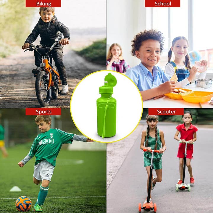 4E's Novelty - Vente Bouteilles d'eau - Bouteilles de sports nautiques en vrac pour enfants (paquet de 12), bouteille d'eau en plastique réutilisable de 18 oz, couleurs fluo, sans BPA, bouteilles d'eau Bike Kids de 4E's Novelty1