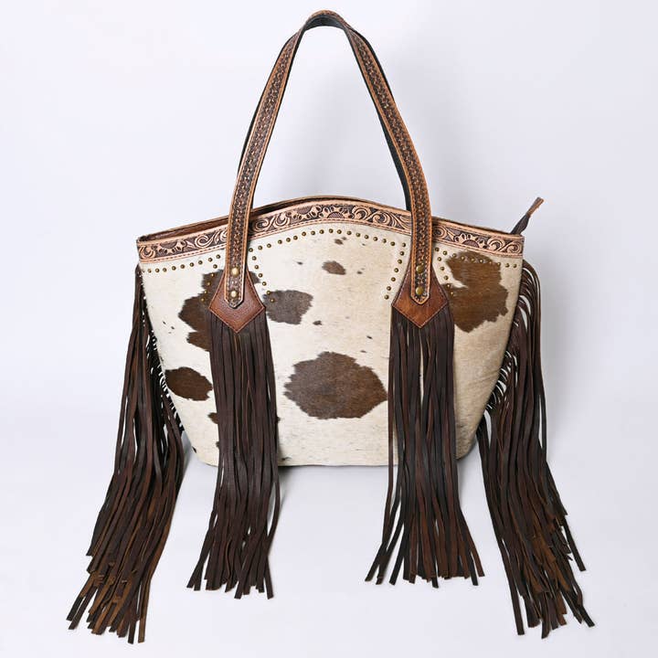 LS Western - Wholesale Tote Bag - Women's - ADBGI159 Fringe Hair-On Cowhide Western Tote - Tooled Leather & Studded Accents3