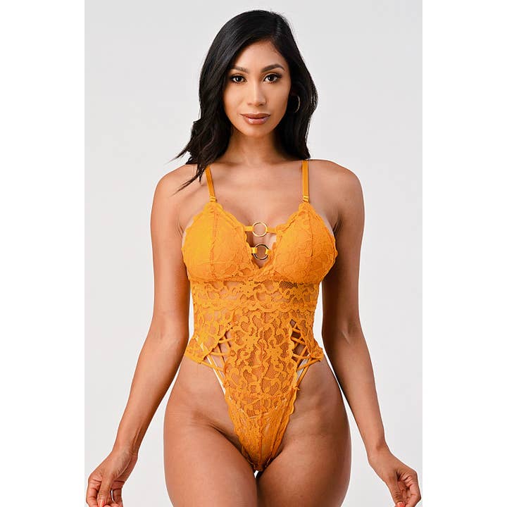 FALL COLOR FRONT O RING DETAIL LACE BODYSUIT for wholesale by JHP Collection