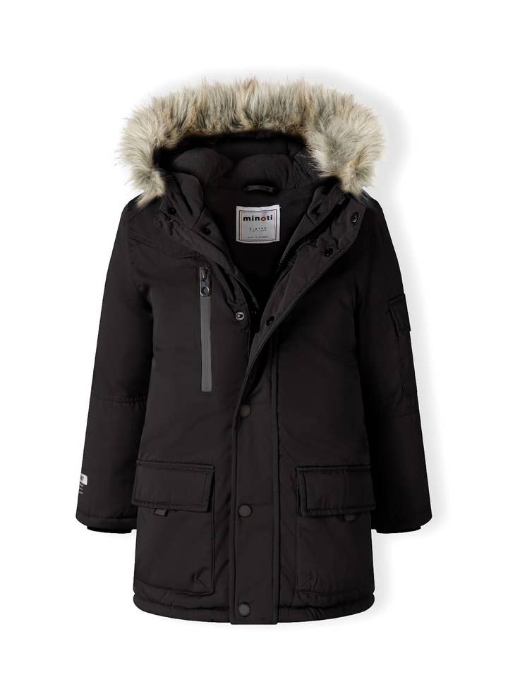 Boys Long parka with fur hood and chest pocket for wholesale by Minoti sp. z o.o.
