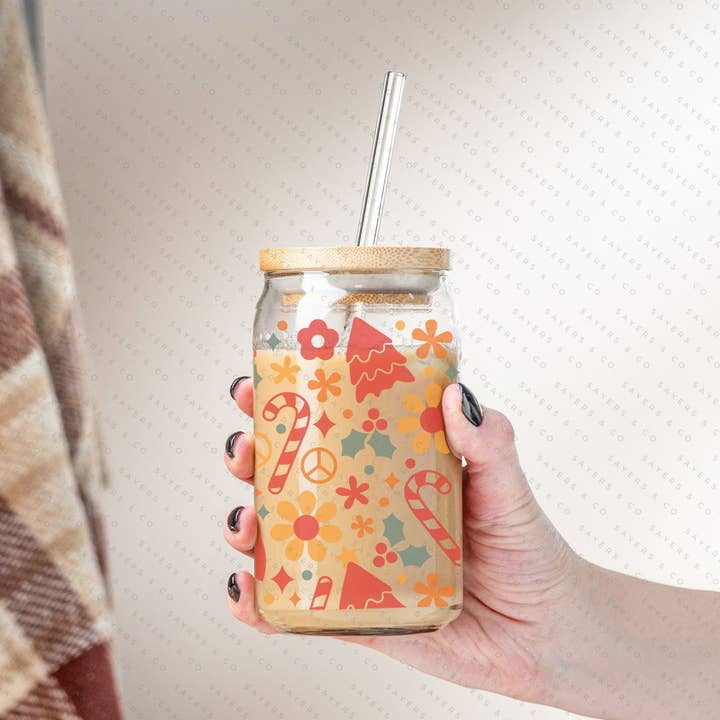 Sayers & Co. - Wholesale Drinking glass/cup - 16oz Christmas Groove Iced Coffee Glass Can, Holiday Tumbler, Candy Cane Tumbler,Christmas Tumbler, Gift For Her, Christmas Mug with Bamboo Lid & Straw #1000706