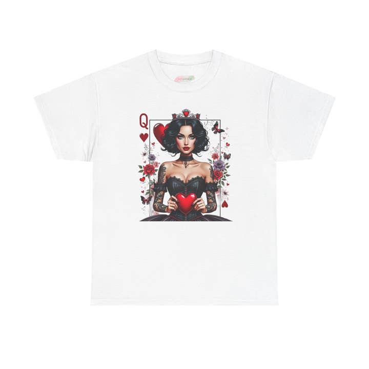 Queen of Hearts Playing Card tee | Retro Pinup Card Art, Heart Motif for wholesale by Le Paperie Co