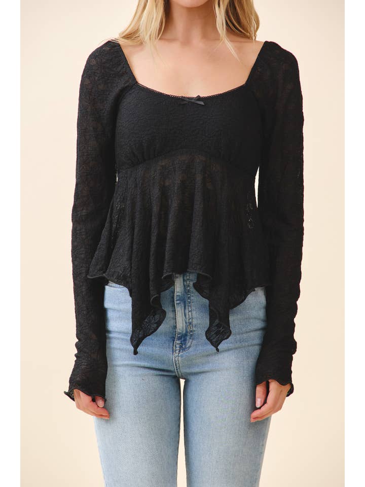 Heart & Hips - Wholesale Blouse - Women's - LT56682L - HIGH LOW FLY AWAY BRA PADDED LONG SLEEVE LACE TOP3