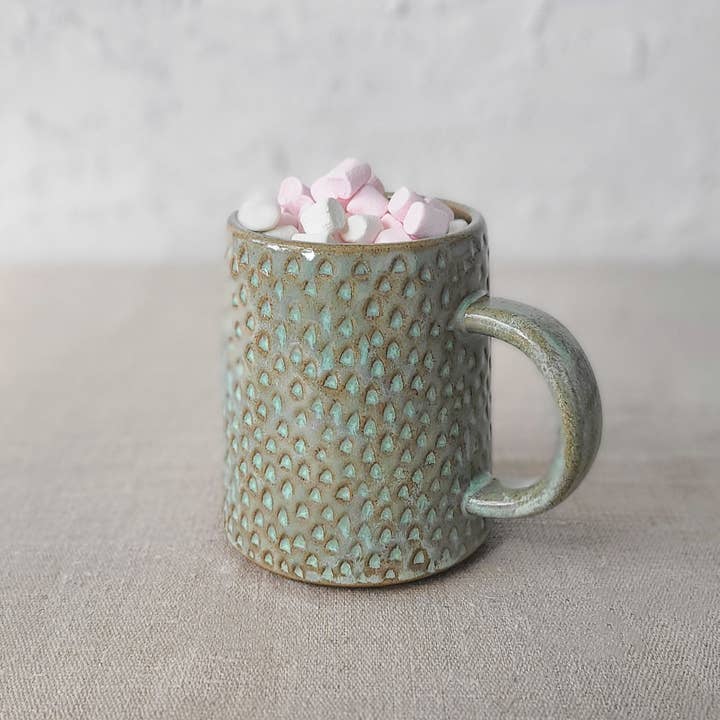 Katie L Thompson Designs – wholesale Coffee mug – Borealis Green Rustic Textured Pint Mug3