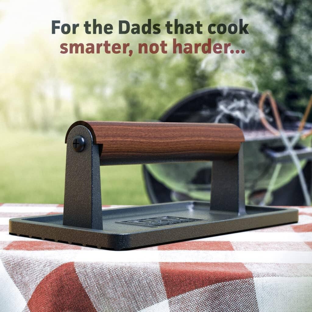Infinite Basics - Wholesale Grill Pan/Griddle - Soho Grilling Gift for Dad, BBQ Cast Iron Grill Press for Smash Burger, Hamburger, Meat, Bacon (2.6 lbs) Cooking Weight for Fathers Day/Christmas/Birthday “Dad The Grill King” (Gift Boxed)5
