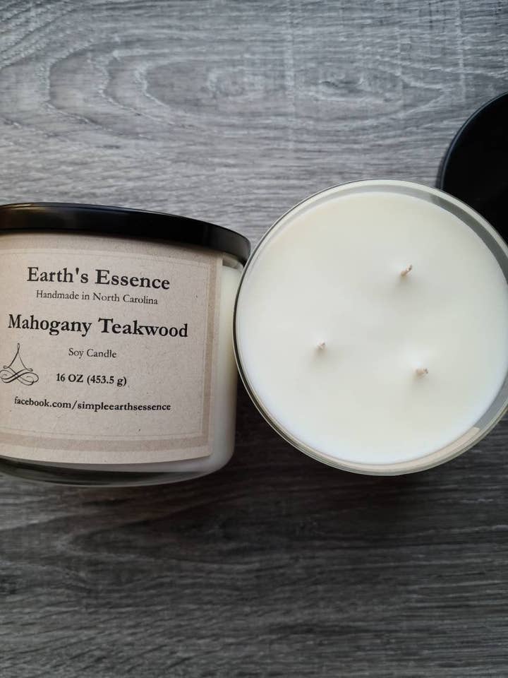 Mahogany Teakwood 16 oz 3-Wick Soy Candle for wholesale by Earth's Essence