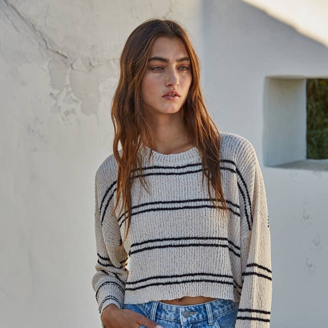 W1454 | Knit Polyester Double Striped Long Sleeve Top and other Purchase Wholesale crewneck sweaters. Free Returns & Net 60 Terms on Faire trending on Faire.