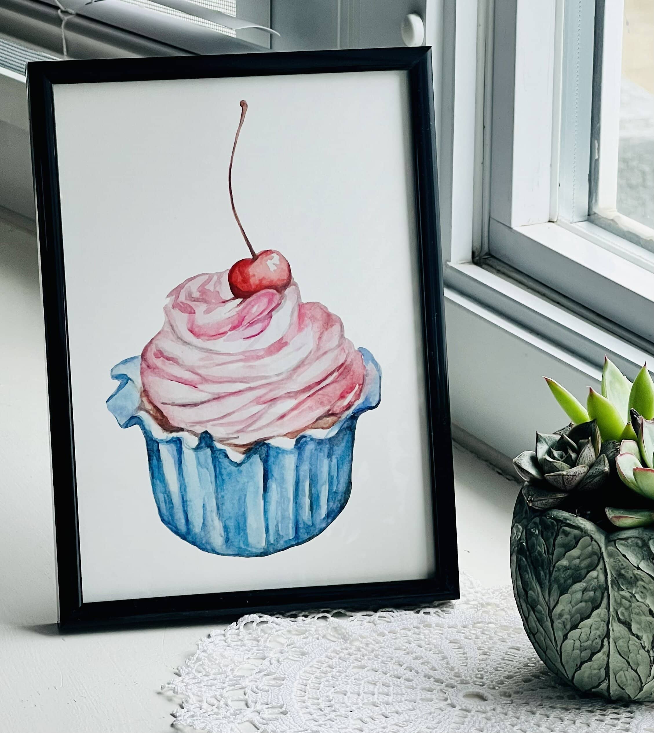 Emilia Rose Artwork LLC - Wholesale Art Print - Cherry Cupcake Watercolor Art Print1