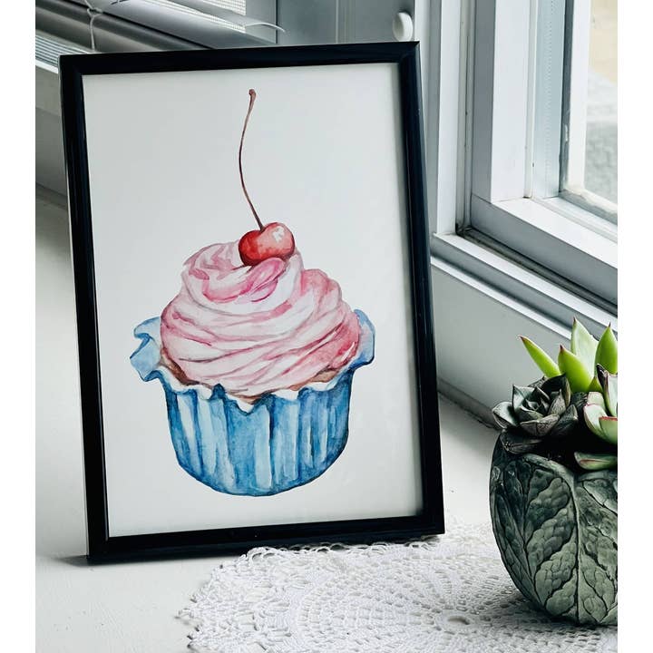 Emilia Rose Artwork LLC - Wholesale Art Print - Cherry Cupcake Watercolor Art Print1