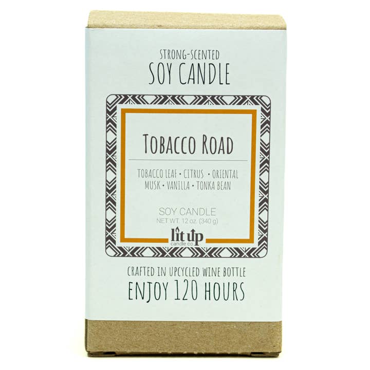 Lit Up Candle Co. – Großhandel Kerze im Glas / gefüllte Kerze – Tobacco Road Sojakerzen, 12 Unzen, in wiederverwerteten Weinflaschen3