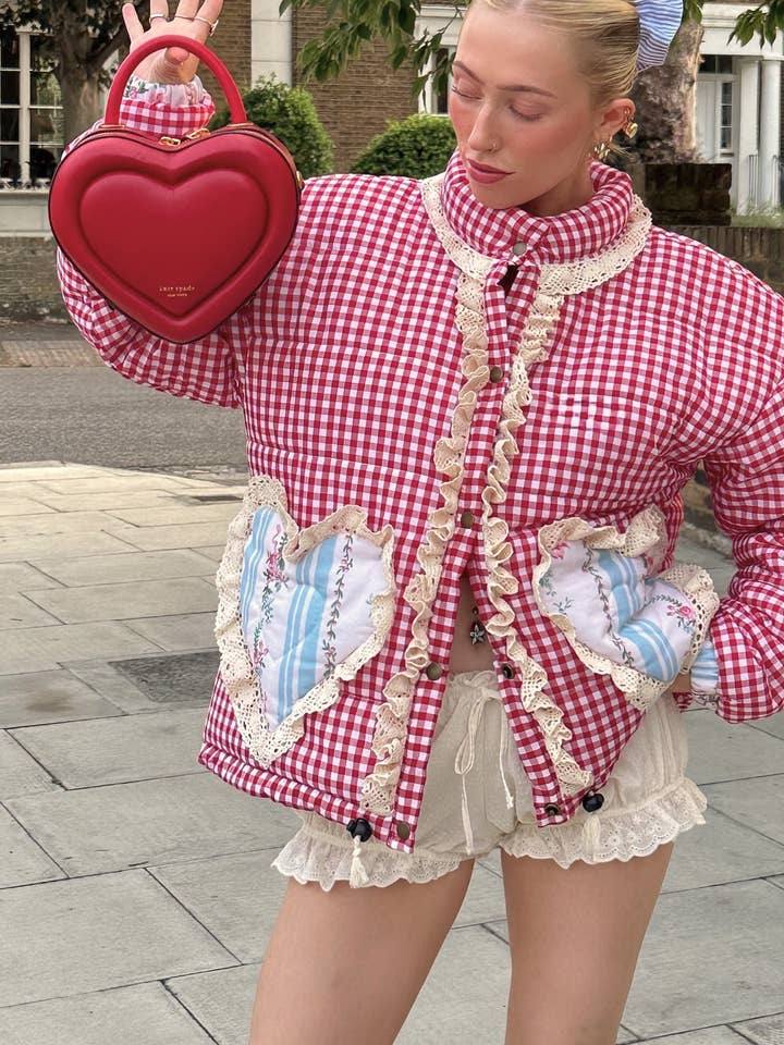 Comfy Patchwork Gingham Heart Lace Fleece Pocket Coat for wholesale by Rosa Clothing