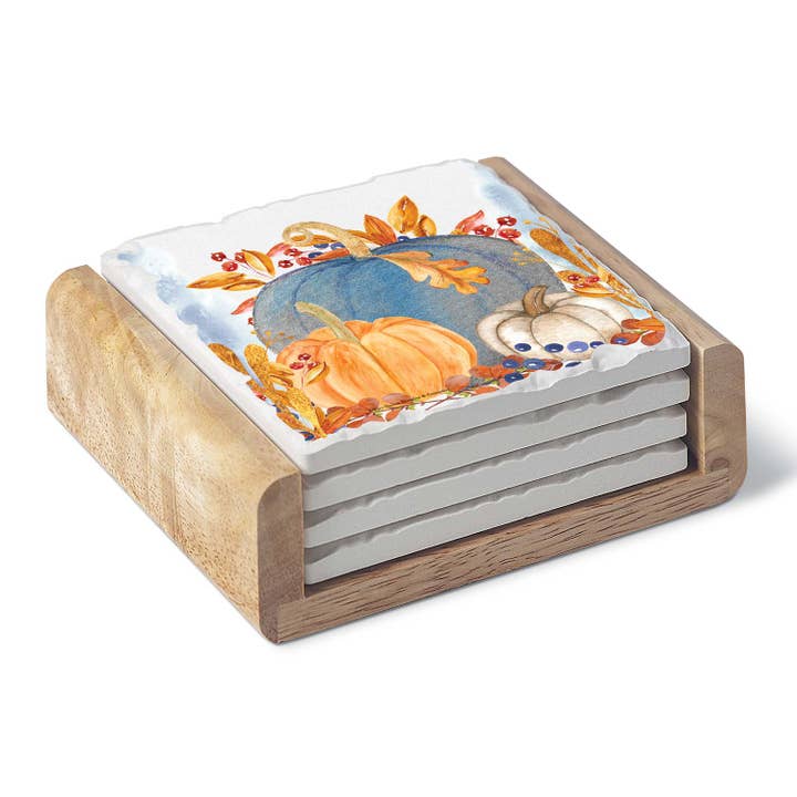 Denim Harvest 4 Pack Stone Coasters in Wooden Holder for wholesale by Conimar Promotions