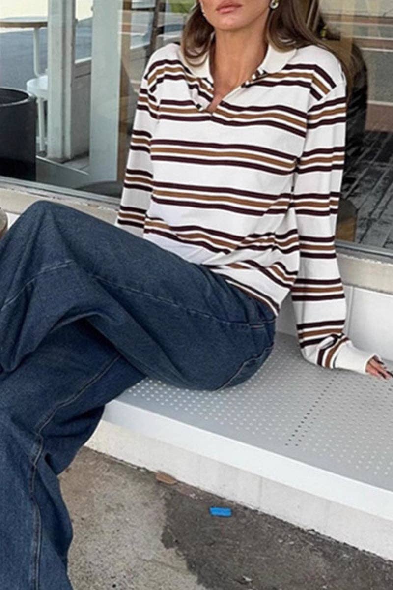 BROWN Striped Polo T-Shirt with Long Sleeves for wholesale on Faire3