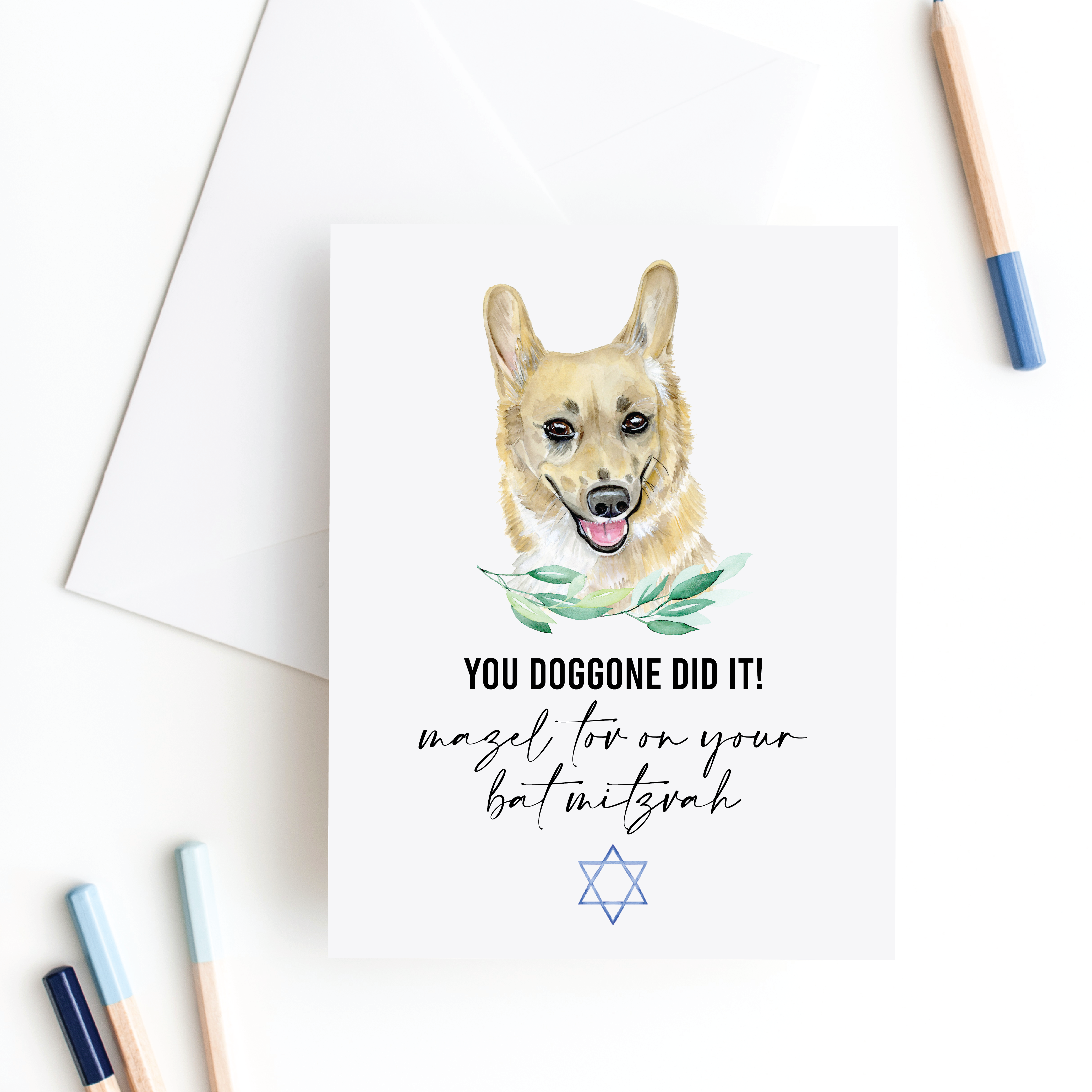 Slate + Brush Design Studio - Venta al por mayor Tarjetas de bar mitzvá o bat mitzvá - Tarjeta de bar y bat mitzvah de Corgi, tarjetas judías, mitzvá para perros3