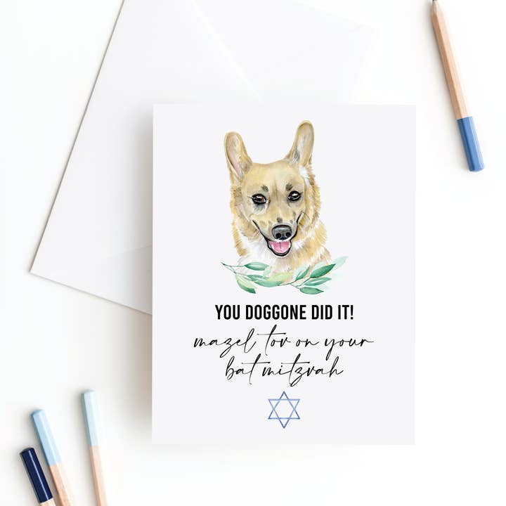 Slate + Brush Design Studio - Venta al por mayor Tarjetas de bar mitzvá o bat mitzvá - Tarjeta de bar y bat mitzvah de Corgi, tarjetas judías, mitzvá para perros3