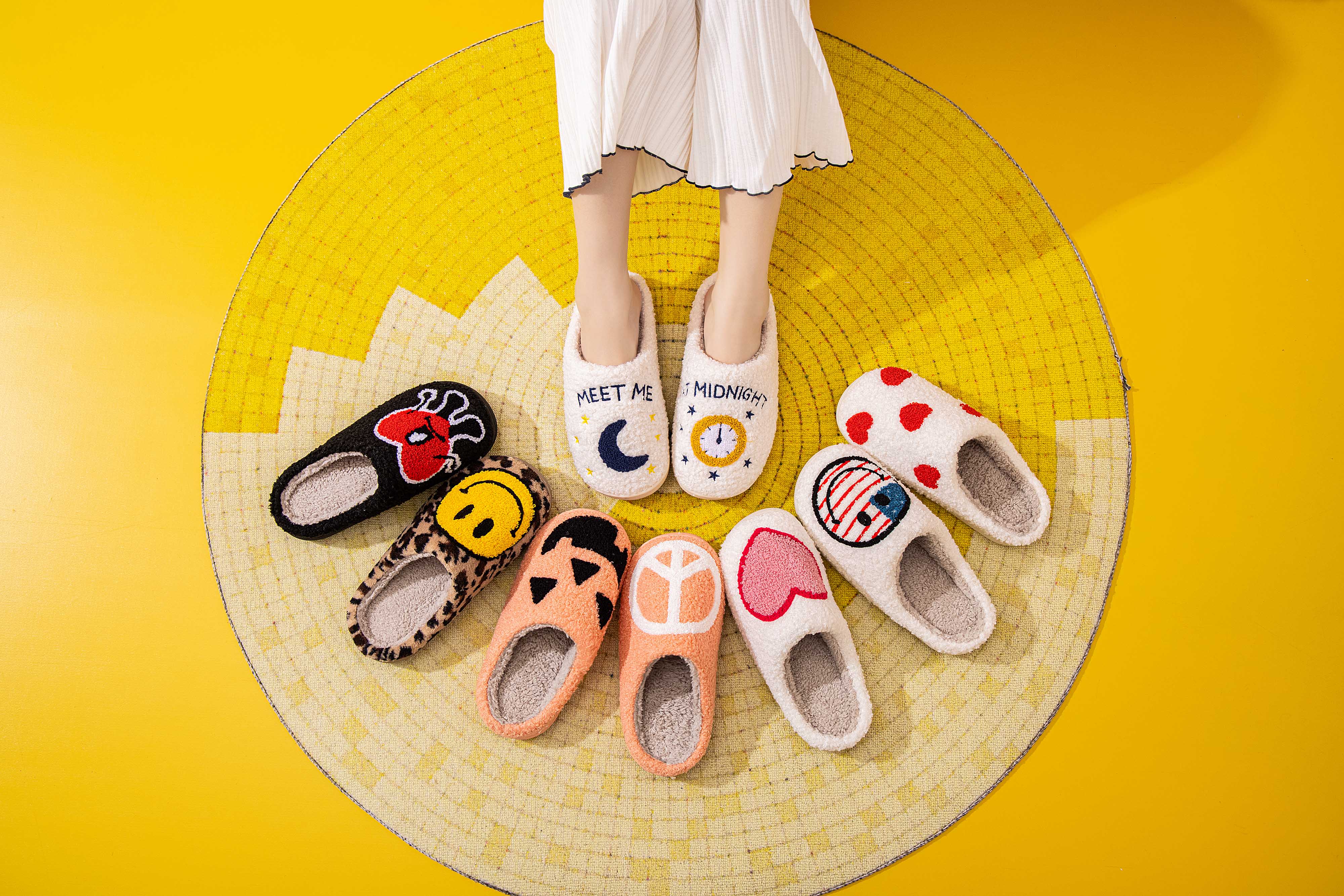 Peace Symbol Illustrated Plush Fur Slip on Slippers for wholesale on Faire3