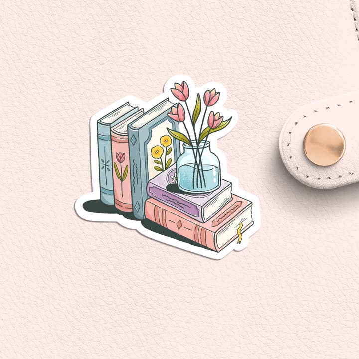 Cosy Book Pile and Flower Sticker, Cottagecore Bookish Decal for wholesale by Jasmine Allan Studio