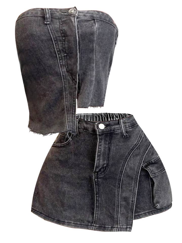 NC2102A Washed Black Denim Corset & Skirt Set for wholesale by NEWGENS