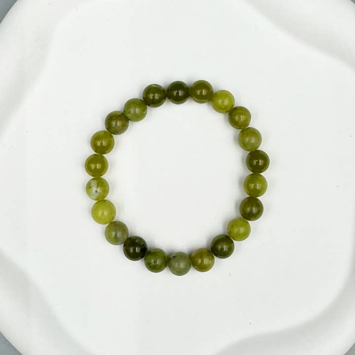 Ole - Vendita all'ingrosso Bracciale con perline - Bracciale da uomo elasticizzato in pietra di giada oliva B3