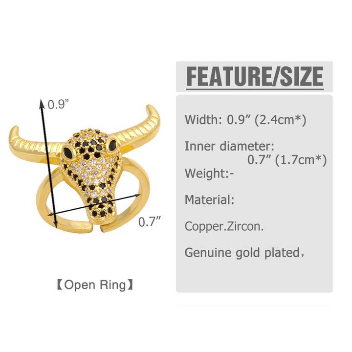 Ole - Wholesale Cocktail/Statement Ring - Bull Head Cubic Zirconia Rings R24332