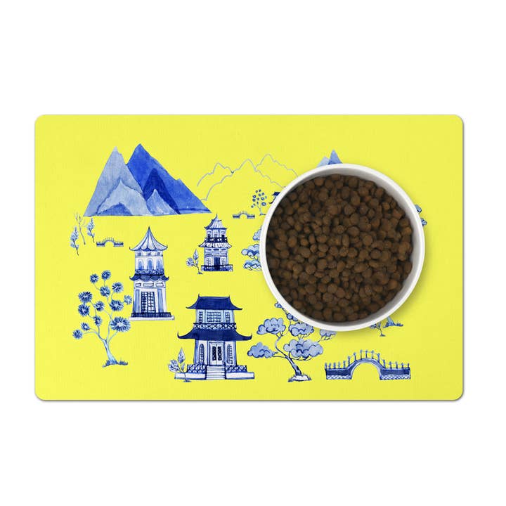 Pet Placemat, Chinoiserie, Pagoda Valley, Blue and Yellow for wholesale by Aliza Darik