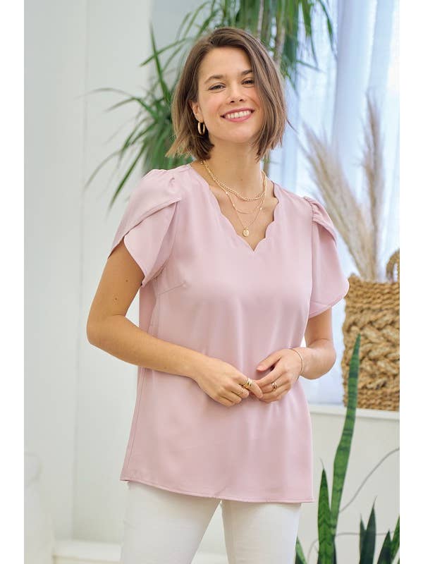 Doe and Rae - Venta al por mayor Blusa - Mujer - Top con cuello festoneado y manga tulipán - 41043T