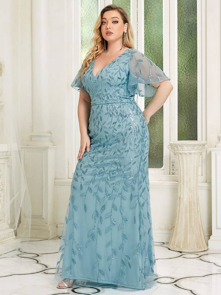 Ever-Pretty - Wholesale Gown - Women's - Plus Size V Neck Mermaid Sequin & Tulle Evening Dress2