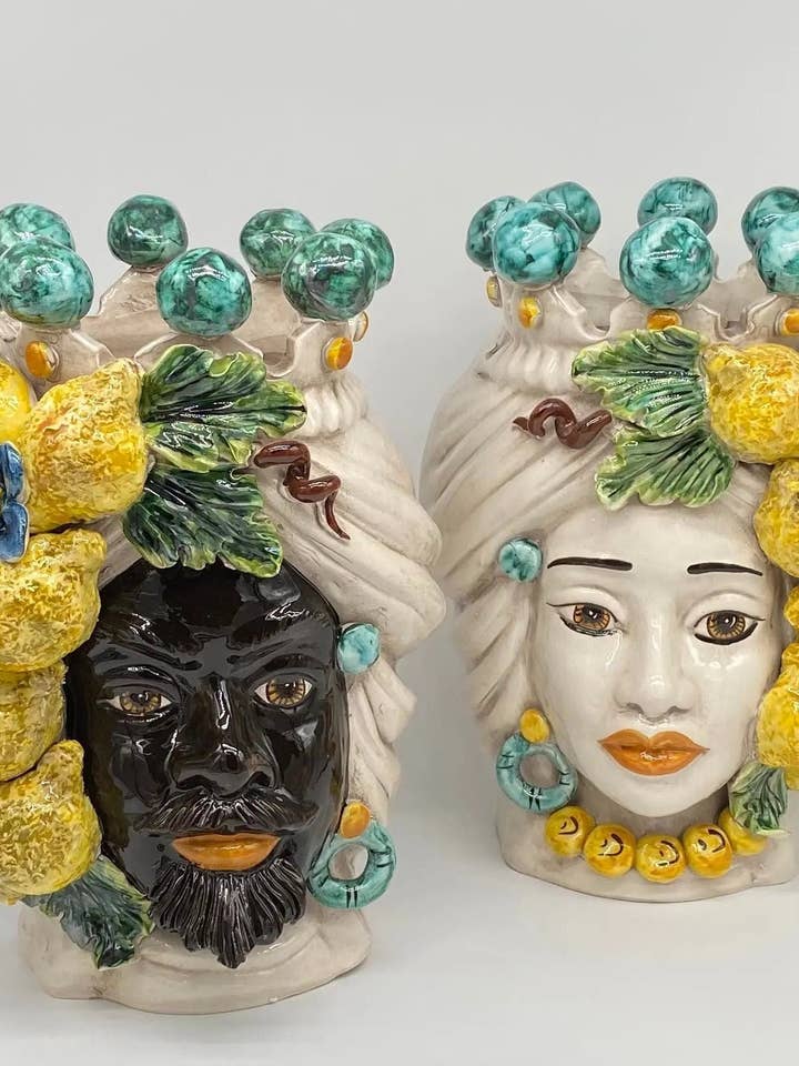 FIM DE SÉRIE - Cabeça de Mouro Limões Mulher Cerâmica Caltagirone cm A.30 L.23 Artesanal por atacado de DD Ceramiche Siciliane
