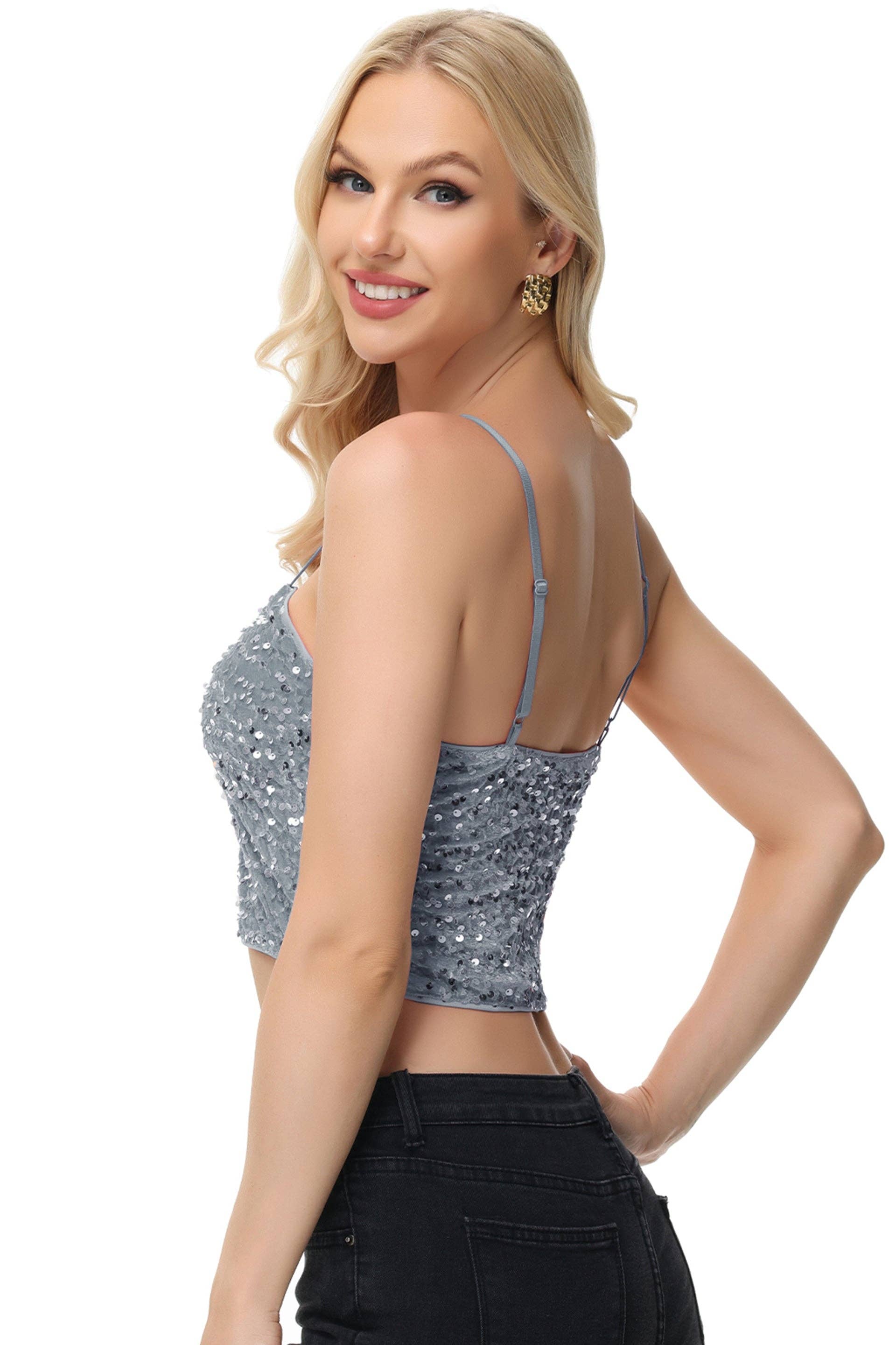 Anna Kaci Wholesale - Wholesale Camisole - Women's - Sparkly Sequin Cami Tops Crop Club Party Glitter Spaghetti32