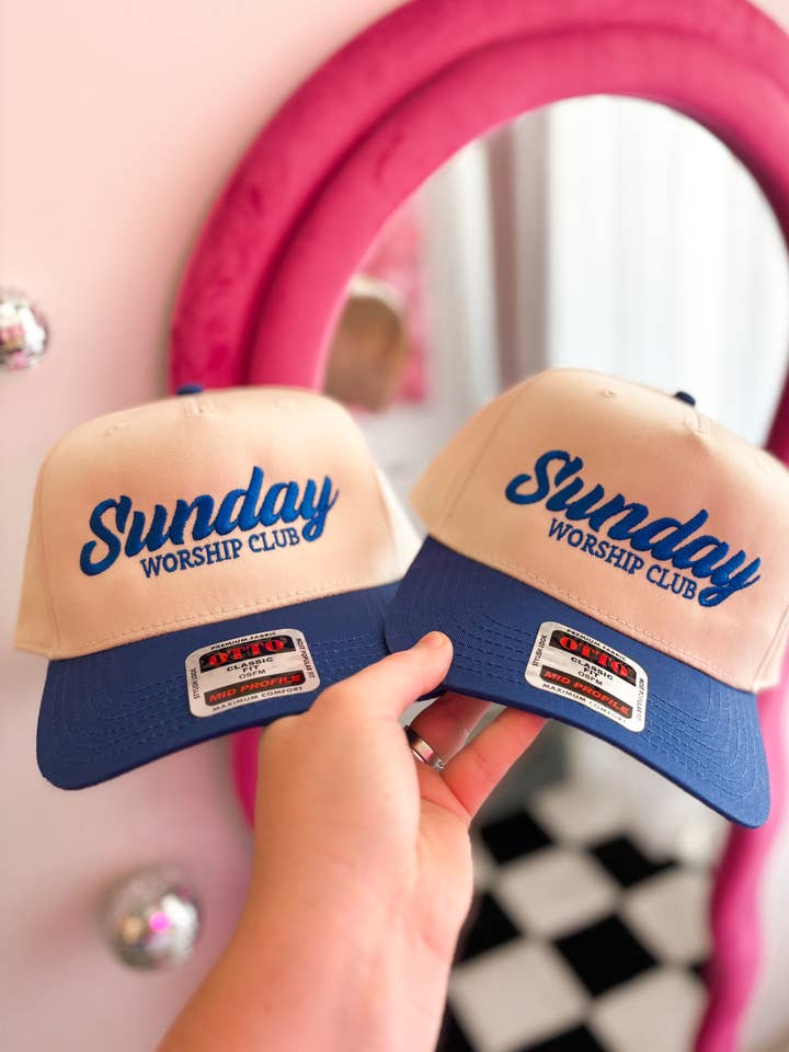 Sunday Worship Embroidered Trucker Hat | Trendy Two Tone Hat for wholesale by Graphic Tees & Co.