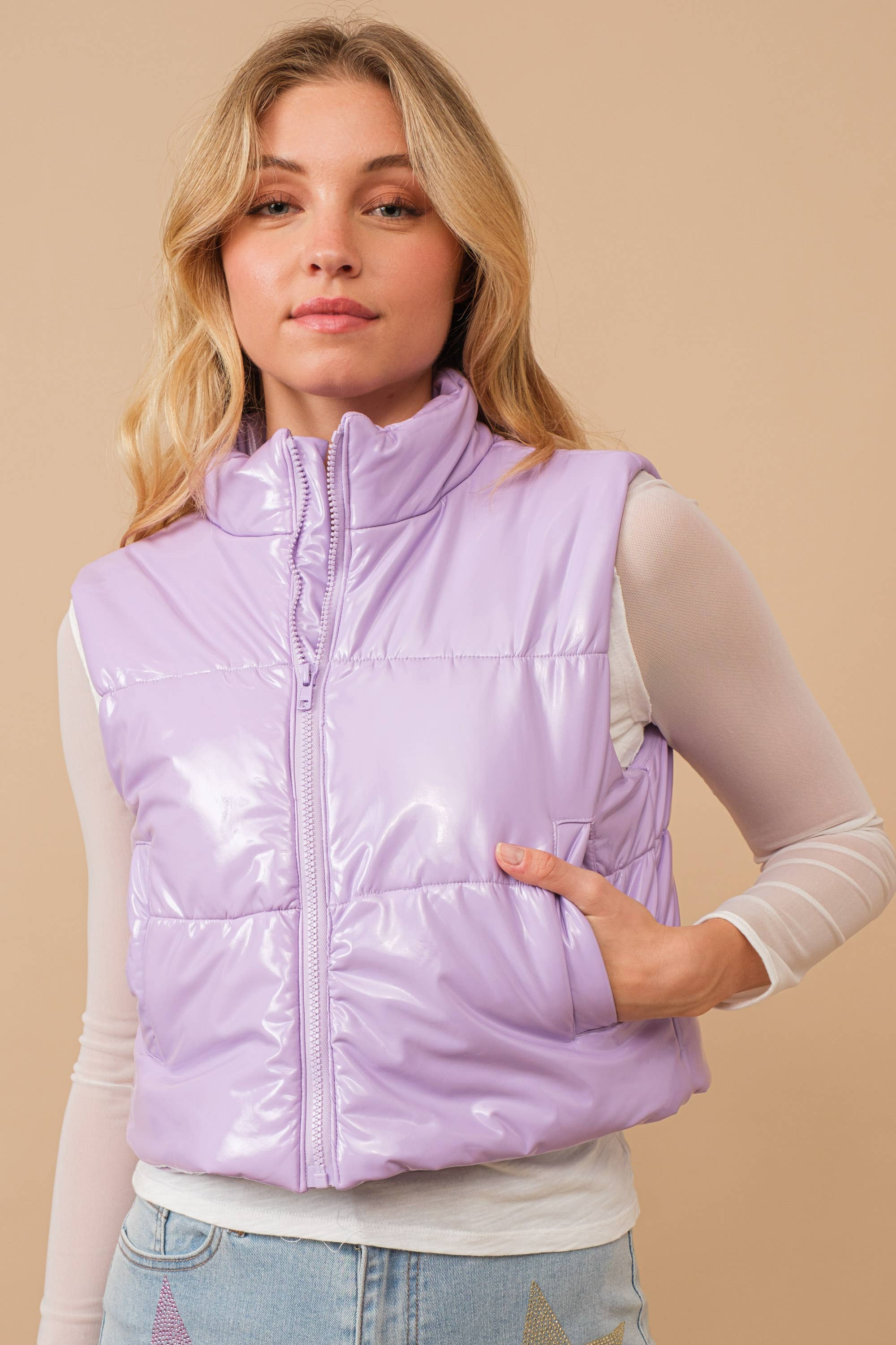Blue B - Wholesale Outerwear Vest - Women's - 22656J - Gloss Shiny PU Quilted Puffer Zip Up Crop Vest43