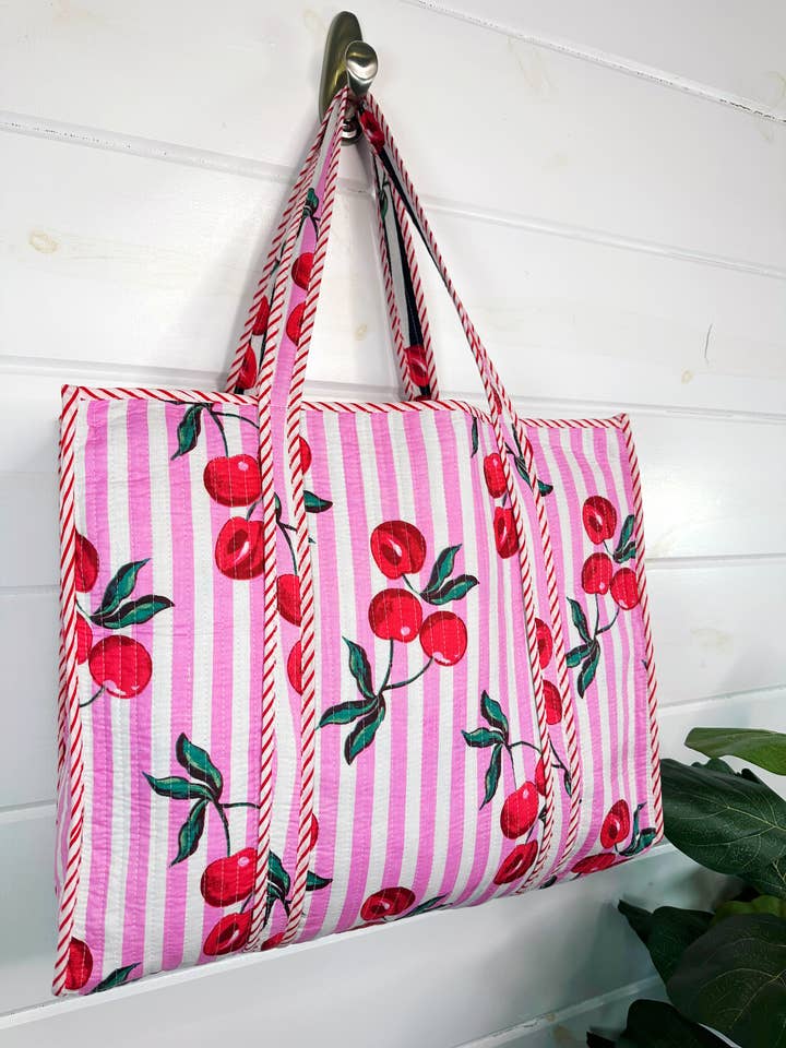 Quilted Tote Bag | Cherry Tote | Large Shopping Tote Bag for wholesale by Folklore Couture