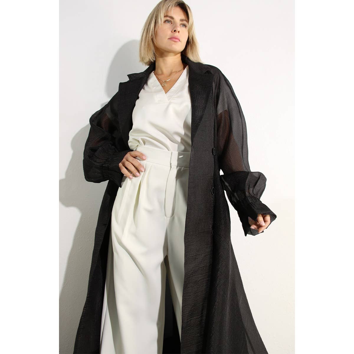 BLACK METALLIC ORGANZA TRENCH COAT for wholesale on Faire1