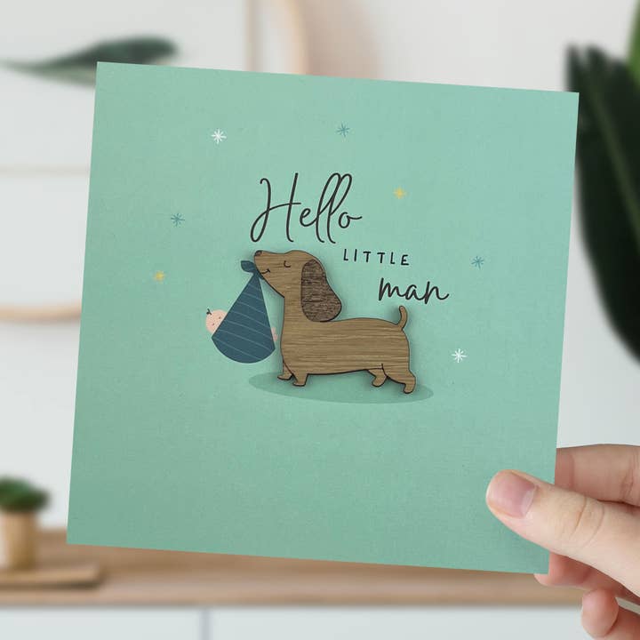 Bonjour Petit Homme, Bébé Chien Ensemble - Carte Nouveau-né pour la vente par KDee Designs