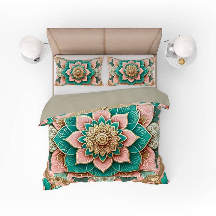 Pink Teal Blossom Mandala Reversible Quilt Cover Duvet Cover Set for wholesale by Adore India