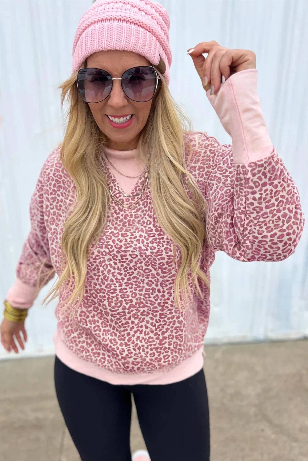 Lovesoft - Wholesale Sweatshirt - Women's - Pink Leopard Print Patchwork Crew Neck Sweatshirt1