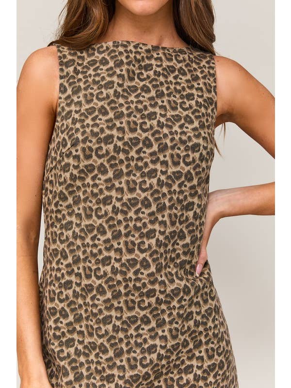 Taupe brown Leopard Boat Neck Sleeveless Mini Dress for wholesale on Faire