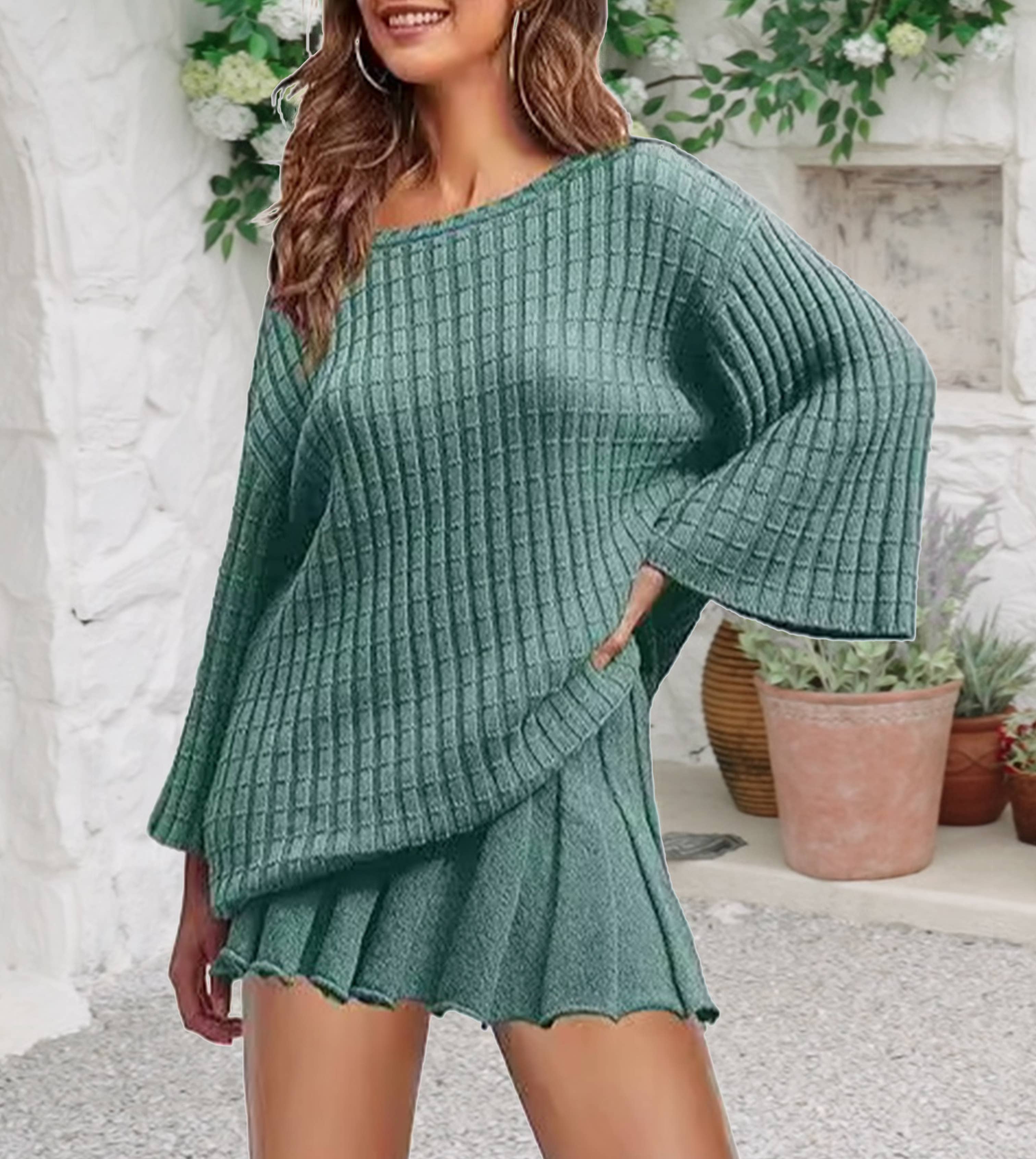 Rosa Clothing - Wholesale Top & Skirt Set - Women's - Waffle Knit Sweater Pleated Skirt Knit Set2