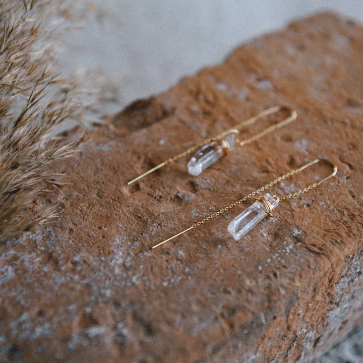 Luna Gold Threader Earrings – Quartz Crystal, Pearl & Jasper for wholesale by Cecelia Designs Jewelry